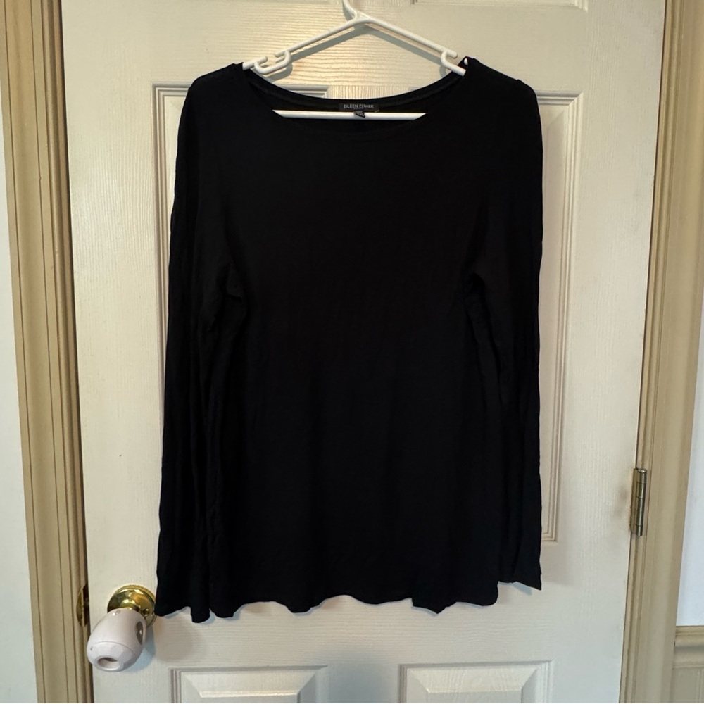 Eileen Fisher Long Sleeve T-Shirt Size Large Petite Black crew neck stretch